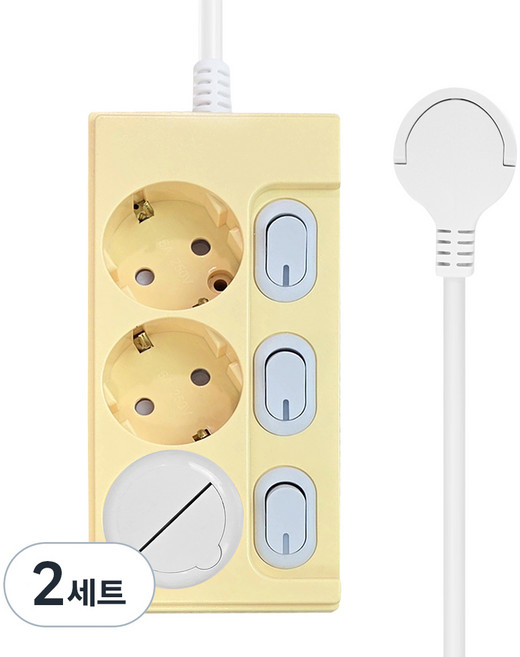 원스탑 제로갭 슬림 납작 컬러 개별 스위치 멀티탭 3구 16A + 안전커버 세트, 2m, 버터옐로우, 2세트
