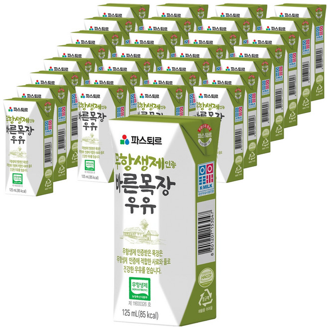 파스퇴르 무항생제 인증 바른목장 우유, 125ml, 72개