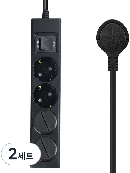 One Stop 韓國製 Zero Gap 扁平延長線 過載斷電 16A 總開關 4孔 + 安全蓋 2p 組, 2套, 黑色, 1m
