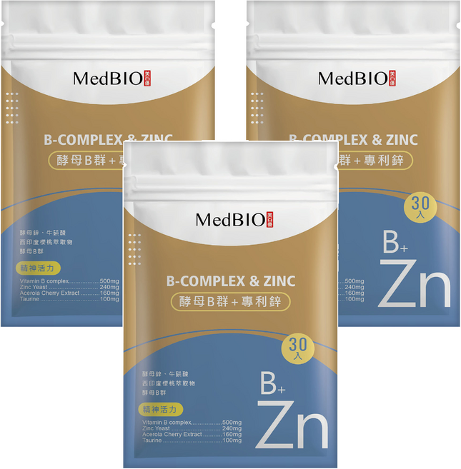 MedBIO 美百優 酵母B群 + 專利鋅, 500mg, 30顆, 3包