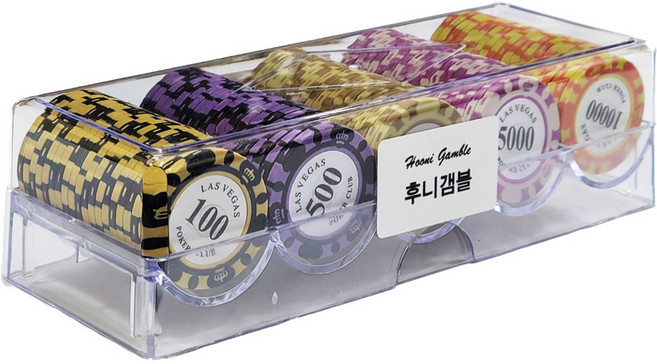 후니갬블 라스베가스 클레이 포커칩 5종 x 20p + 아크릴케이스 세트, 혼합숫자, 1개