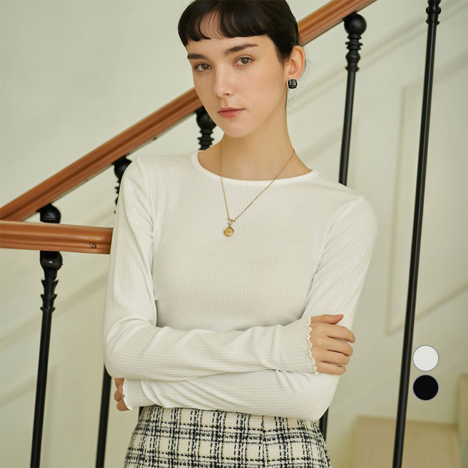 ELLE PARIS 여성용 립 라운드넥 프릴 긴팔 티셔츠