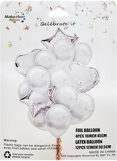 Make&Fun Balloons 乳膠 + 鋁箔氣球16件組, 銀色, 1組