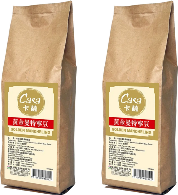 Casa 卡薩 黃金曼特寧咖啡豆, 全豆咖啡(未研磨), 454g, 2包