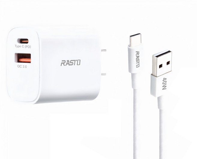 RASTO 20W 2-Port USB-C Cable 充電器 PD+QC3.0 1m Type A Plug 白色 RB32