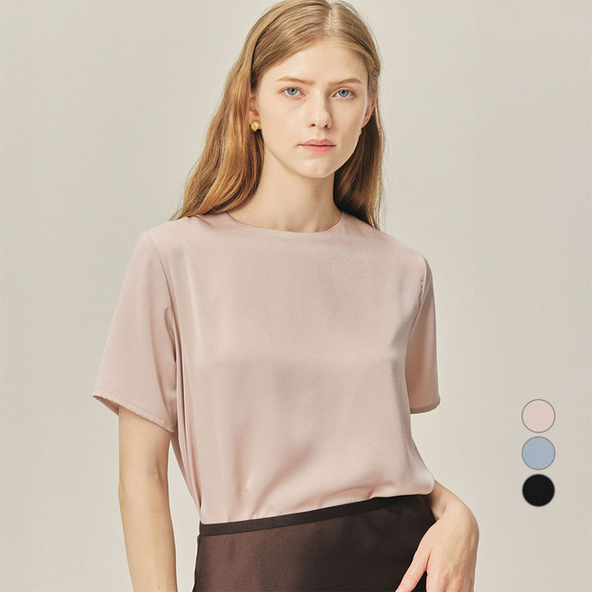 ELLE PARIS 여성용 라운드넥 반팔 우아한 글로우 새틴 블라우스