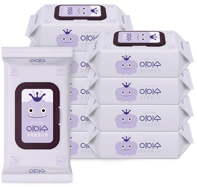 아이수 저자극 크라운 몬스터 캡형 물티슈, 75g, 70매, 10개