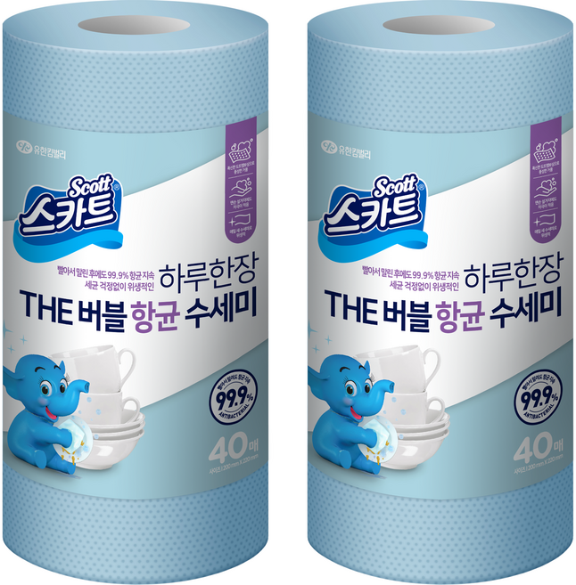 스카트 하루한장 THE 버블 항균 수세미, 스카이블루, 40개입, 2개