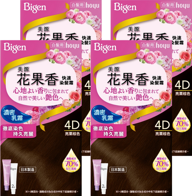 Bigen 美源 花果香快速染髮霜, 4D亮栗棕色, 4盒