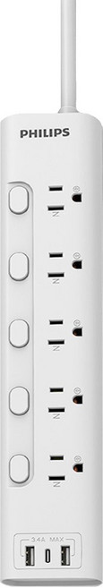 PHILIPS 飛利浦 電源延長線 5開5插 CHP4756WA/96, 296mm, 白色, 1個