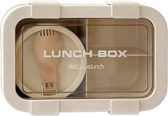 德利生活 可微波日式小麥秸稈三格便當盒 1L 附湯碗含蓋 + 叉匙, 米色, 1個
