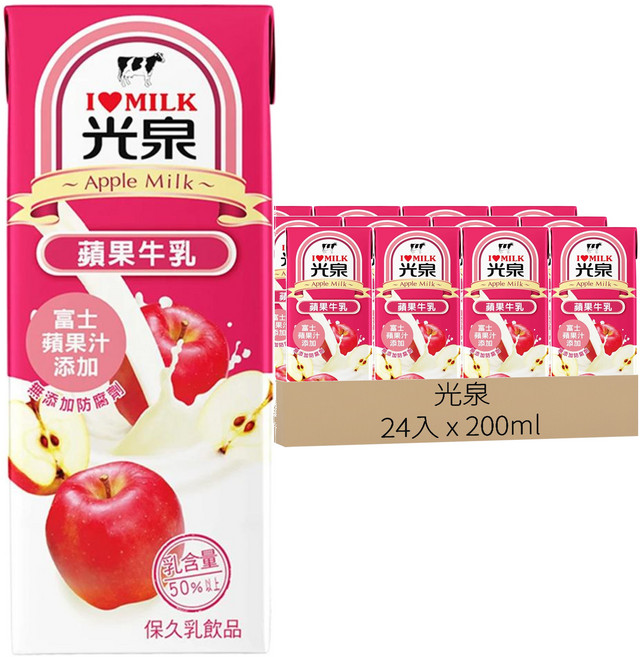 光泉 蘋果牛乳, 200ml, 24入