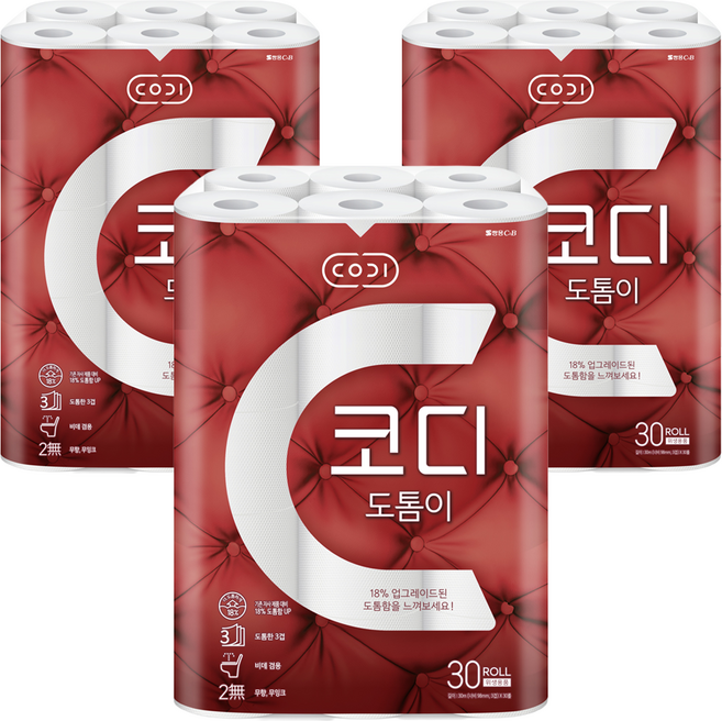 코디 도톰이 3겹 데코 롤화장지, 30m, 30롤, 3개