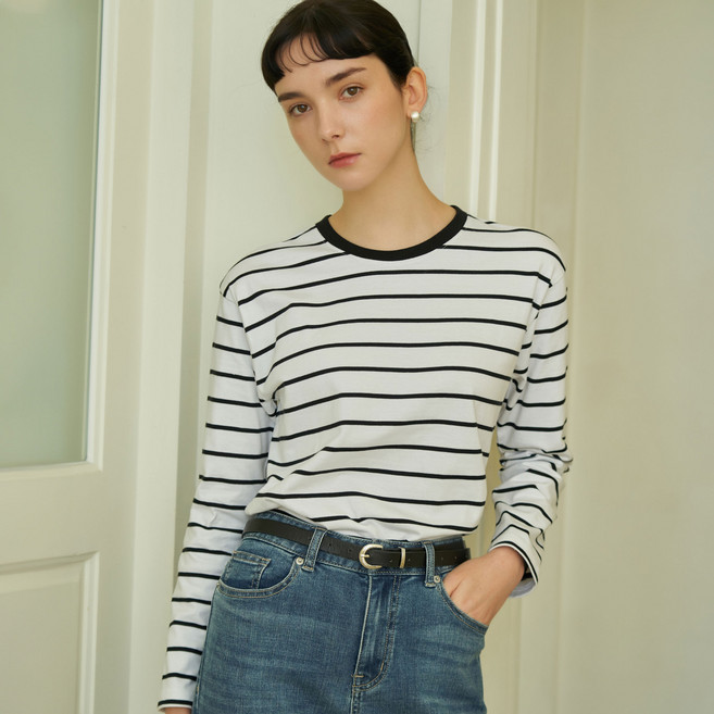 ELLE PARIS 여성용 스트라이프 라운드넥 긴팔 티셔츠