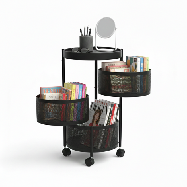 소소앤 이동식 주방 욕실 리빙 정리용 원형 다용도 수납 바구니, 블랙 라운드, 3단