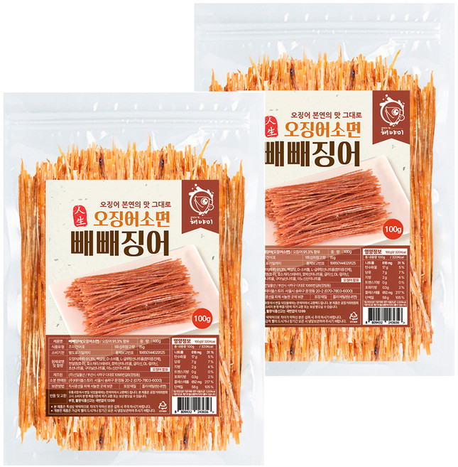 해야미 빼빼징어 오징어소면, 100g, 2개