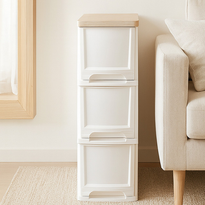 보노하우스 국내 제조 어반 우드상판 슬림 서랍장, 화이트, 3단