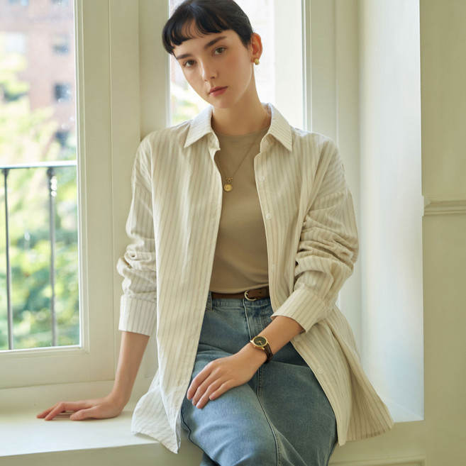 ELLE PARIS 여성용 오버핏 스트라이프 셔츠