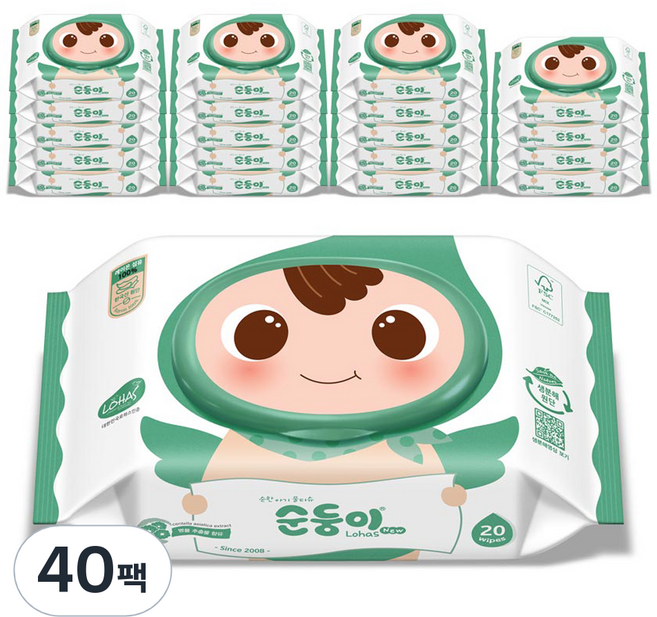 순둥이 로하스 물티슈 휴대캡형 75평량, 75g, 20매, 40팩