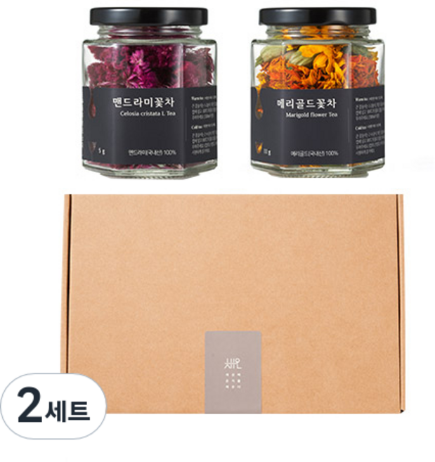 채온 활기충전 꽃차 2종 선물세트 + 쇼핑백, 2세트, 메리골드 꽃차 11g + 맨드라미 꽃차 5g