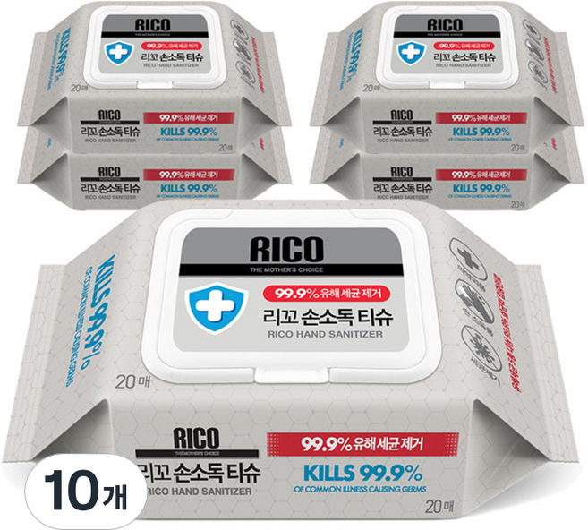 리꼬 손소독 물티슈 캡형, 20매, 10개