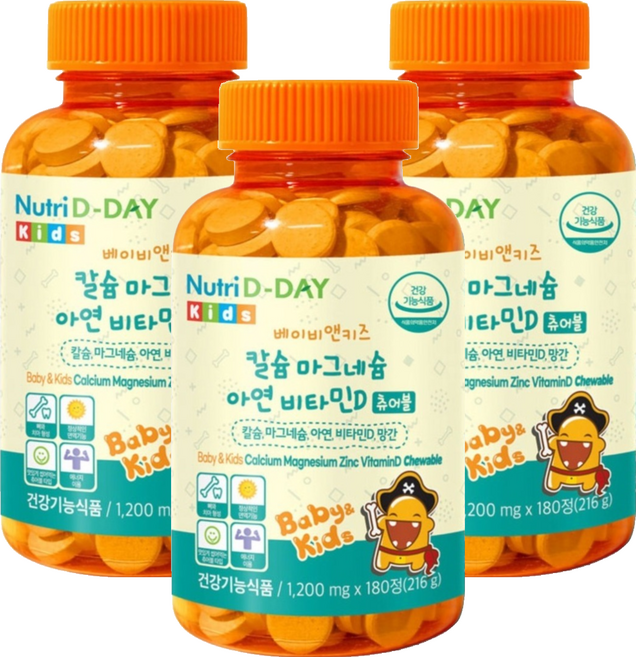 뉴트리디데이 베이비앤키즈 칼슘 마그네슘 아연 비타민D 216g, 180정, 3개