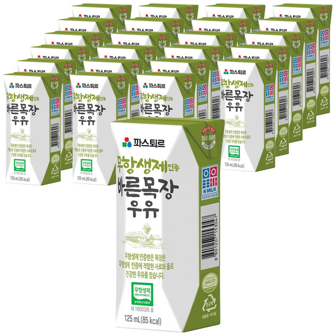 파스퇴르 무항생제 인증 바른목장 우유, 125ml, 24개