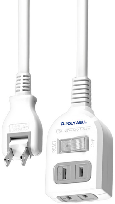 POLYWELL 寶利威爾 1切帶開關2座電源延長線 2孔, 白色, 1條, 3.6m