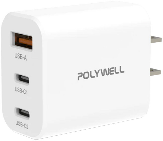 POLYWELL 寶利威爾 雙Type-C+USB 30W 三孔PD快充頭 PW15-T05-A055, 白色, 1個