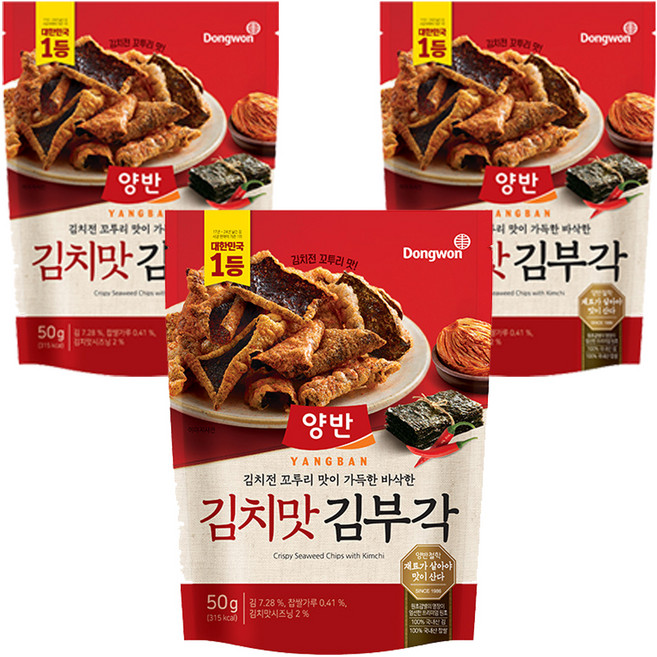 Dongwon 東遠 Yangban 兩班 泡菜風味海苔脆片, 3包, 50g