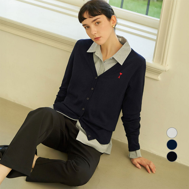 ELLE PARIS 여성용 로고 자수 브이넥 기본 가디건