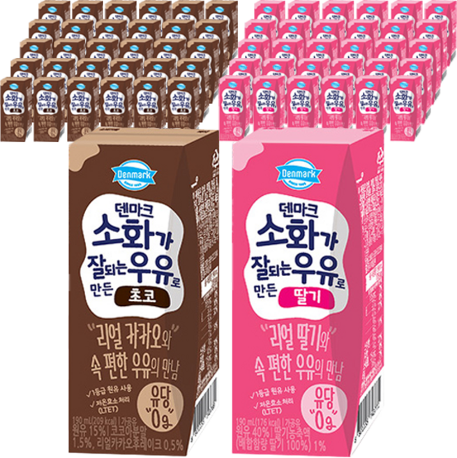 덴마크 소화가 잘되는 우유로 만든 초코 190ml 48p + 딸기 190ml 48p, 96개