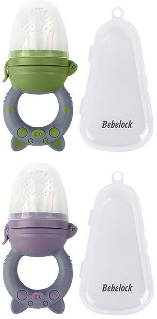 Bebelock 小豬造型咬咬樂輔食器 附收納盒2個, 芋泥紫+橄欖綠, 1組