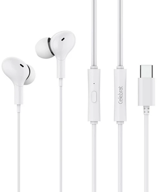 Celebrat TYPE-C 入耳式耳機 D13 120cm 無損音質 立體聲, 白色