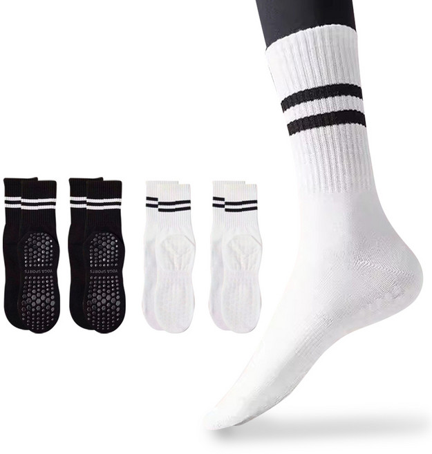 와이에스 여성용 논슬립 스포츠 양말 블랙 + 화이트 세트, 블랙, 화이트, 2세트