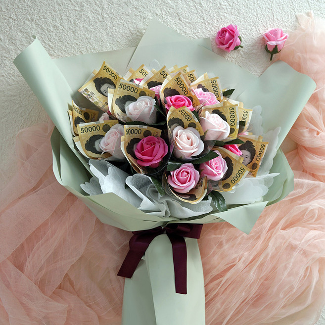 morningscent 조화 돈꽃다발 20p + 조명 + 쇼핑백+ 엽서 세트, 핑크(꽃다발), 랜덤 발송(엽서), 1개