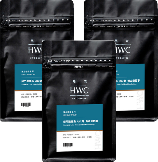HWC 黑沃咖啡 蘇門達臘島/火山湖黃金曼特寧 1/2磅咖啡豆, 3包, 227g, 咖啡豆(無研磨)