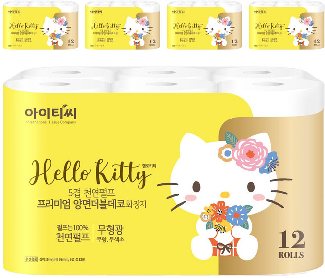 ITC 헬로키티 5겹 펄프 프리미엄 양면더블데코 롤화장지, 25m, 12개입, 5개