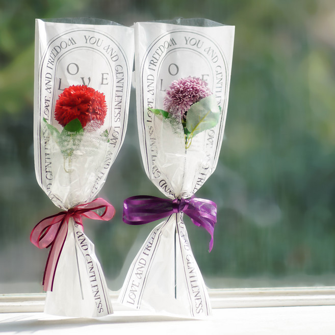 아스파시아 비누꽃 클레오 퐁퐁 카네이션 한 송이 꽃다발 2p + 메세지픽 2p + 쇼핑백 2p 세트, 레드 + 퍼플, 1개