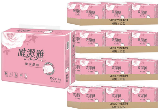 VIRJOY 唯潔雅 抽取式衛生紙 原生紙漿 100張, 12包, 24袋