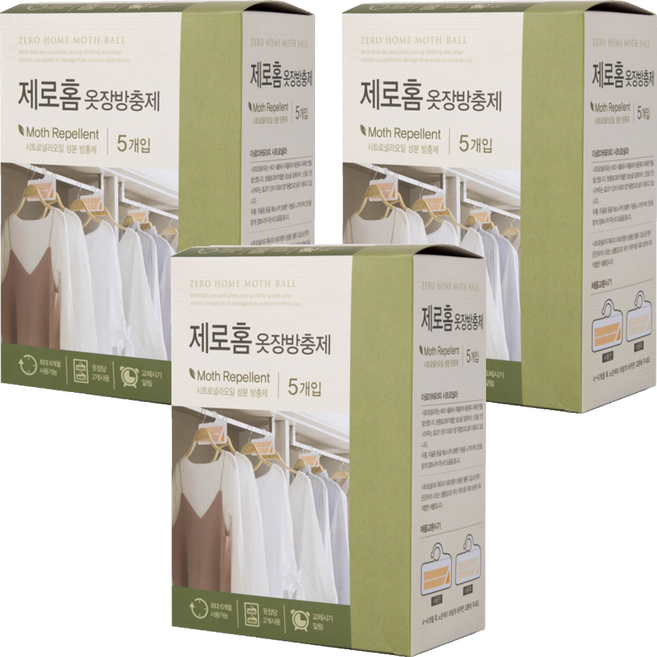 크린스타 제로홈 옷장방충제 시트로넬라 5개입, 20g, 3개