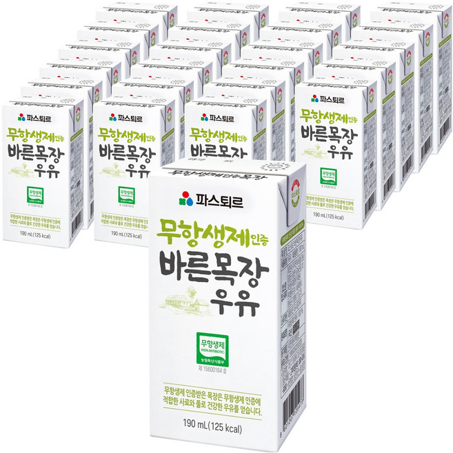 파스퇴르 무항생제 인증 바른목장 우유, 190ml, 24개