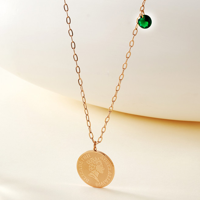 노이드비 여성용 써지컬스틸 그린원석 코인 체인 롱 목걸이