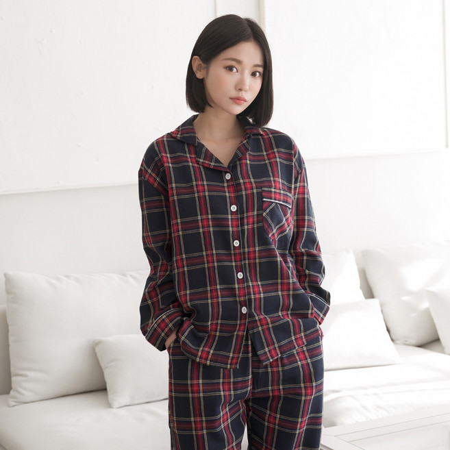 어나더디 체크 긴팔 남녀 커플 잠옷 상하의 세트