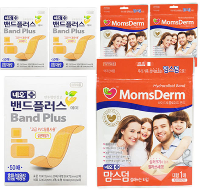 네오밴드플러스 밴드플러스 에이 혼합 밴드 50p + 맘스덤 하이드로콜로이드 밴드 잘라쓰는 타입 대형 1p, 3세트