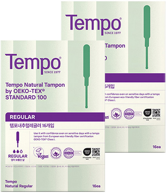 템포 내추럴 탐폰, 레귤러, 16개입, 2개