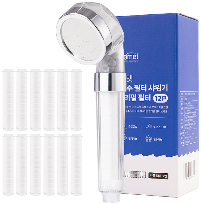 코멧 정수 필터 샤워기 + 리필 필터 12p 세트, 1개