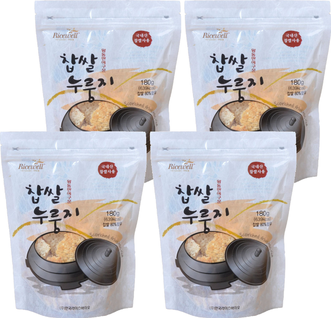 라이스웰 황동판에 구운 찹쌀 누룽지, 180g, 4개