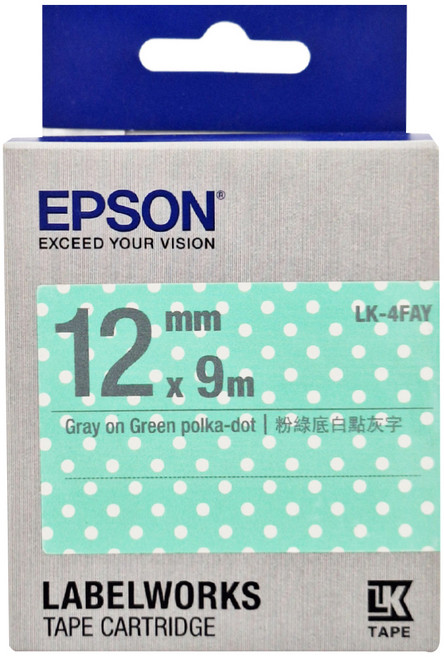EPSON 標籤帶 C53S654425 LK-4FAY 12mm, 粉綠白點底灰字, 9m