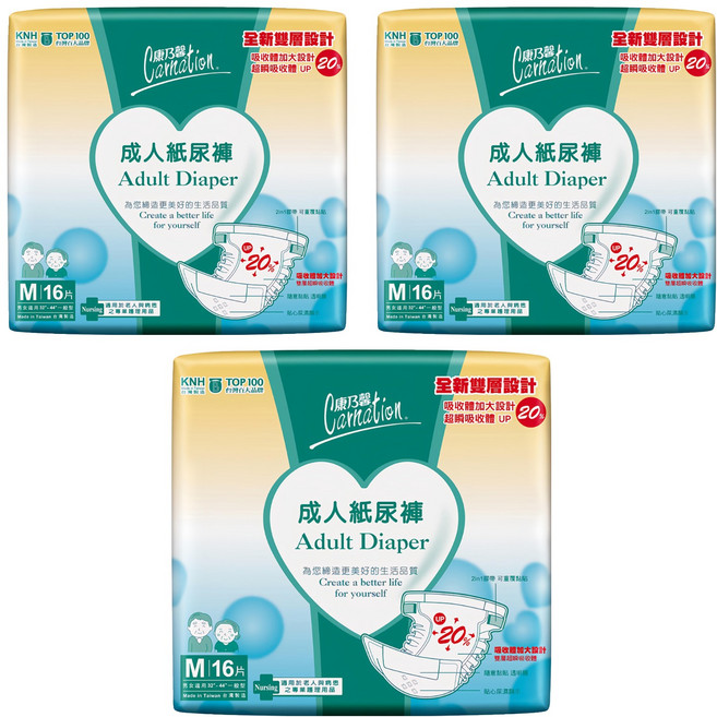 康乃馨 成人黏貼型紙尿褲 一般型, M, 16片, 3包